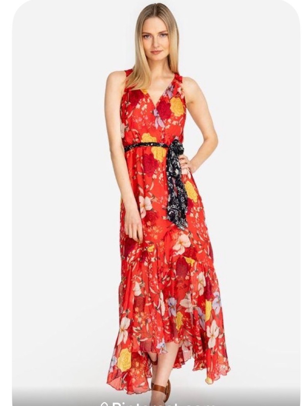 Johnny Was-Jade Red Floral V-Neck Sleeveless Maxi Dress